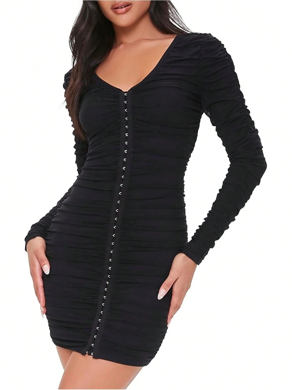 Black Ruched Hook-&-Eye Corset Style Bodycon Dress